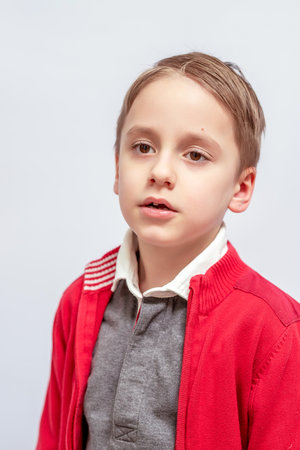 Young boy with short hair, wearing a red sweater over a white shirt and gray top. Neutral expression, light background, looking slightly off-camera, casual attire, natural lightingの写真素材