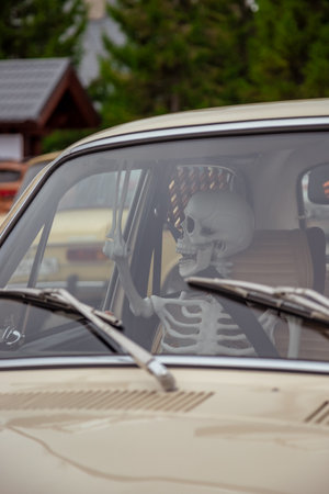 A skeleton sits in the driver's seat of a vintage car, visible through the windshield. The scene captures a humorous juxtaposition, with lush greenery in the backgroundの写真素材