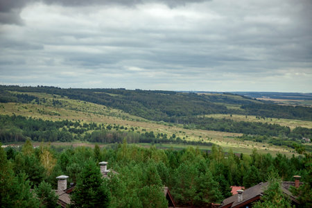 Rolling hills stretch under a cloudy sky with dense green forests in the foreground, scattered houses visible, chimneys peaking through the treetops under the overcast lightの写真素材