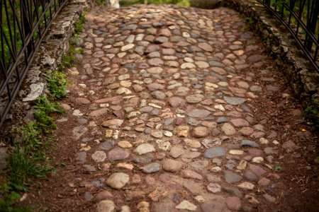Cobblestone path with uneven stones leads uphill, bordered by wrought iron railings and patches of green grass, creating a rustic, natural ambiance with earthy tones and textured surfacesの写真素材