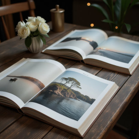 Open photography books with serene landscapes rest on a wooden table; a vase of white roses and dim lights add a cozy ambiance, with a plant in the background and a closed book nearbyの素材