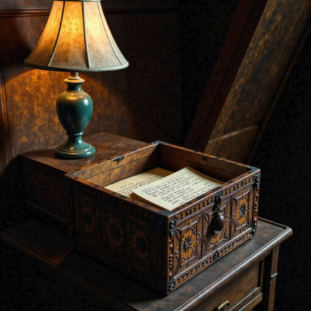 Ornate wooden box with intricate patterns, open to reveal handwritten letter inside. Soft light from table lamp casts a warm glow, enhancing the vintage aesthetic of the sceneの素材