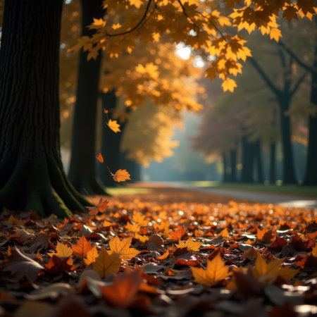 Golden autumn leaves cover the ground beneath tall trees with orange and yellow foliage. Sunlight streams through the branches, creating a serene, atmospheric path through the forestの素材