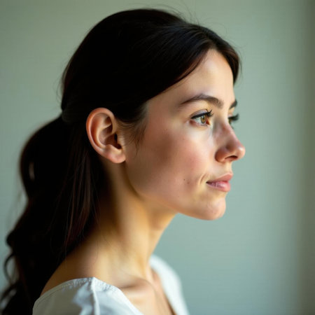 Profile of a woman with dark hair, tied back, wearing a white top. Soft lighting highlights her face in a calm expression. She gazes into the distance with a serene, thoughtful lookの素材