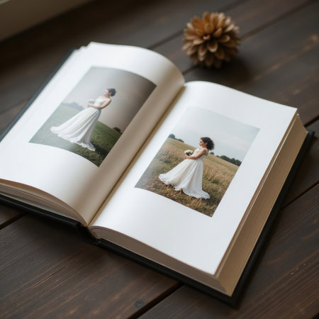Open photo album on wooden table displaying two images of a woman in a white dress standing in a field. A brown pinecone is visible nearby on the table surface. No text presentの素材
