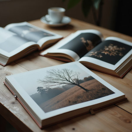 Open photobooks with nature images on a wooden table, soft lighting, cozy atmosphere. A cup of coffee is slightly out of focus in the background, adding a relaxed ambianceの素材