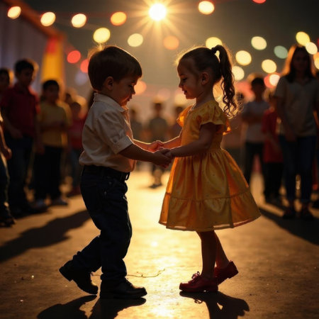 Two children hold hands while dancing under bright lights, dressed in vibrant outfits. A crowd watches in the background, blurred to highlight the kids. Warm, joyful ambiance fills the sceneの素材