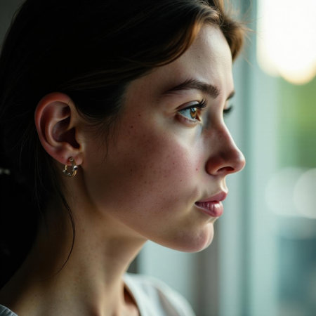 Young woman in close-up side profile, gazing out of a window, wearing small hoop earrings. Her skin is smooth, and her expression appears contemplative. Light softly illuminates her faceの素材