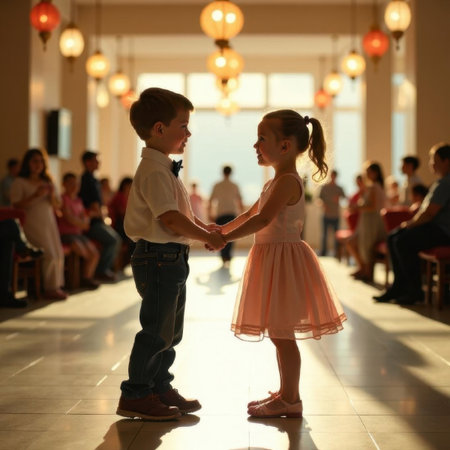 Two children, a boy and girl, face each other holding hands in a sunny hallway. The boy wears jeans and a shirt while the girl wears a pink dress. Hanging lanterns glow warmly overheadの素材