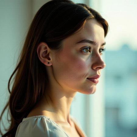Young woman with long hair gazes thoughtfully out of a window, soft light illuminating her face. Her expression is calm and contemplative, with subtle highlights on her cheekbonesの素材