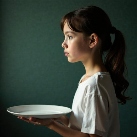 Young girl in profile with dark brown hair tied back, wearing a white shirt, holds a plain white plate with both hands, looking serious and focused, against a neutral backgroundの素材