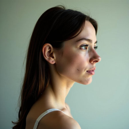 Profile portrait of a woman looking thoughtfully ahead, with long hair and wearing a white top. The lighting highlights her features, creating contrast and depthの素材