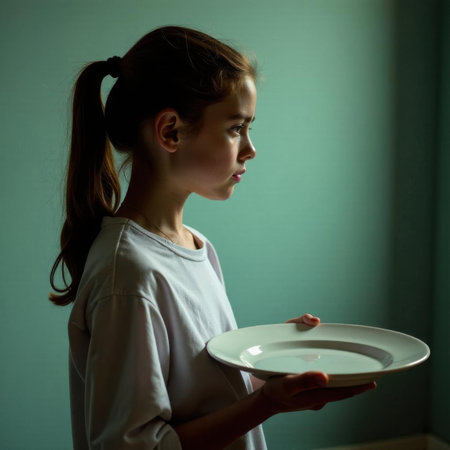 Young girl with long hair in ponytail, wearing plain light-colored shirt, holds an empty white plate with contemplative expression, standing in softly lit room with a serene ambianceの素材