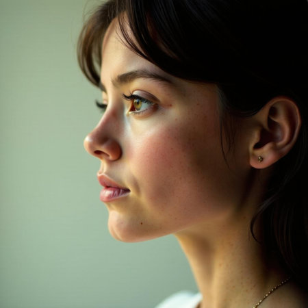 Profile view of a young woman with delicate features, looking thoughtfully into the distance. Her expression is serene, highlighted by natural lighting on her faceの素材