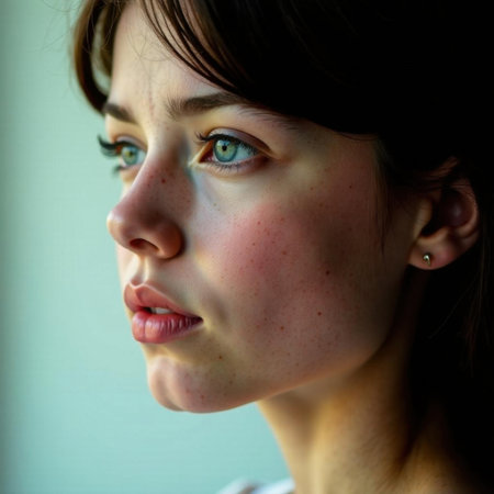 Young woman with long dark hair gazes thoughtfully into the distance. Her blue-green eyes and soft freckles stand out on her natural, flawless skin, with subtle lighting on her faceの素材