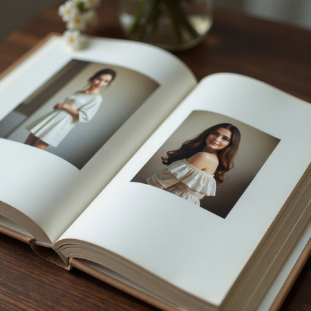 Open book on wooden table displaying portraits of woman in white dress. Soft lighting highlights pages and cover. Vase with small flowers in background. No text visibleの素材