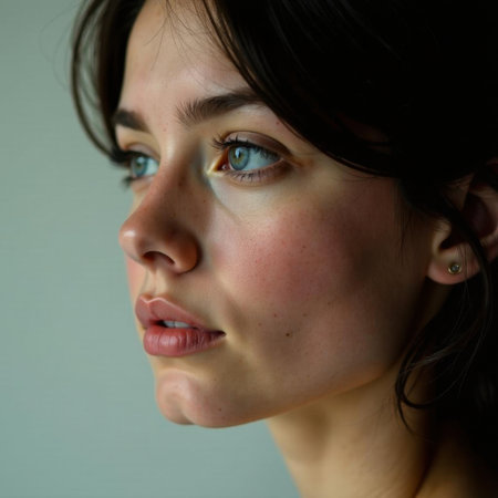 Young woman with short dark hair and natural makeup gazes thoughtfully to the side. Her blue eyes contrast subtly with her rosy cheeks and full lips, creating an introspective moodの素材