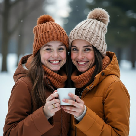 Two smiling people in warm jackets and knitted hats stand close together, holding a white mug. They are surrounded by a snowy landscape with blurry trees in the backgroundの素材