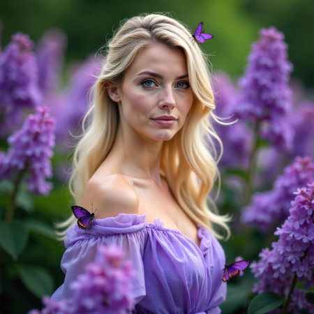Blonde woman in purple dress surrounded by vibrant purple flowers, with butterflies resting on her. Her flowing hair complements the serene, natural settingの素材