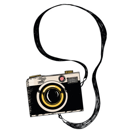 Vector retro hand drawn hipster photo camera isolated on white background. Vintage illustration for...