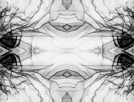 Black Kaleidoscope Child. Abstract Watercolor Blot. Marble Swirl Design. Gray Flowers Kaleidoscope. Monochrome Stained Glass Patterns. Spanish Marble. Acrylic Smooth.の写真素材