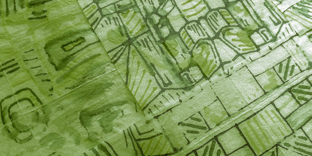 African Illustrated Fabric. Emerald Patchworks Geometric. White Drawing. Green Patchwork Rug Pattern. White Triangle. Cross Modern.の写真素材