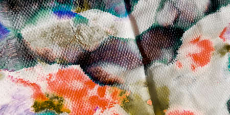 Acrylic Wash Background. Colorful Dirty Art Artistic. Vivid Acrylic Paint Splash. Rainbow Tie Dye Shirt. White Background Flat Lay.の写真素材