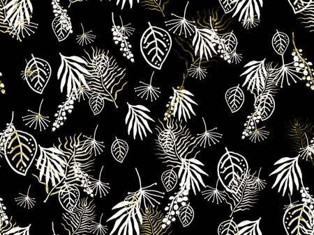 Floral Hawaiian. Sun Tropical Leaves Hand. Bright Vintage Hawaii Pattern. Black Invite Paradise....