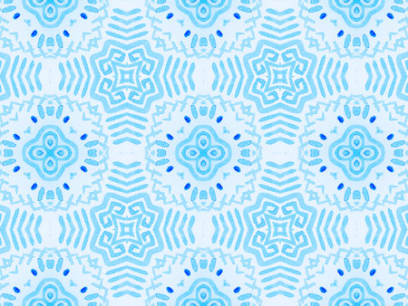 Tiles Wall. Blue Aquarelle. Blue Tile Ceramic Moroccan. Winter Cool Background. Indigo Ethnic...