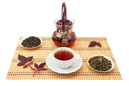 cup of tea and tea leaves on the mat の写真素材