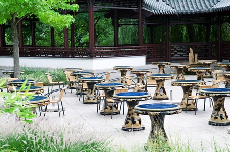 tables for tea in a Chinese restaurantの写真素材