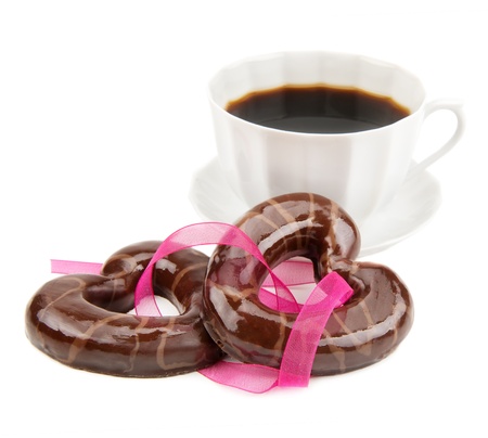 Heart-shaped cookies and a cup of coffeeの写真素材