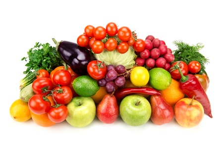 set of fruits and vegetables isolated on white backgroundの写真素材