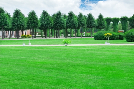 summer garden with beautiful green lawns and avenuesの写真素材