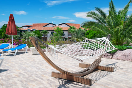 beautiful hammock in a cozy recreation areaのeditorial素材