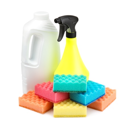 spray bottle  and a set of sponges isolated on white backgroundの写真素材