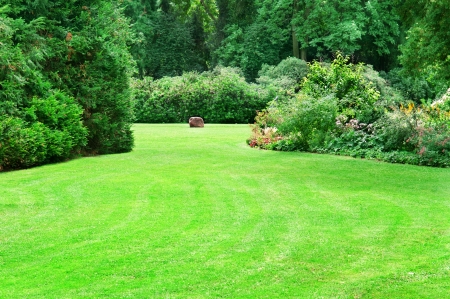 beautiful summer garden with large green lawnsの写真素材