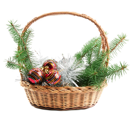 Christmas decorations and spruce twigs isolated on white backgroundの写真素材