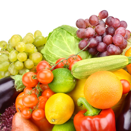set of fruits and vegetables isolated on white backgroundの写真素材