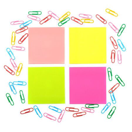 stickers and a set of paper clips isolated on white backgroundの写真素材