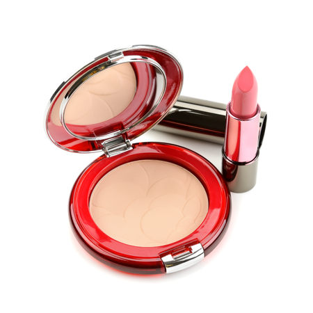 lipstick and compact powder isolated on white backgroundの写真素材