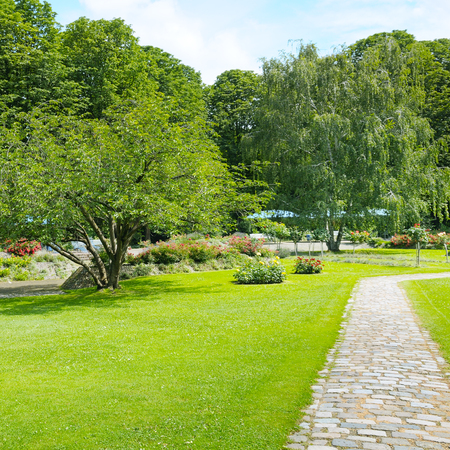 Blossoming flowerbeds in the parkの写真素材