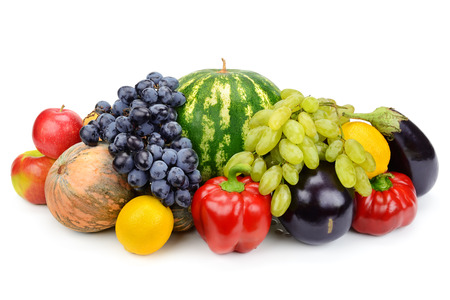 set of fruits and vegetables isolated on white backgroundの写真素材