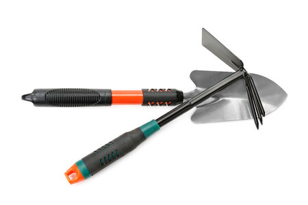garden tools and equipment isolated on white backgroundの写真素材