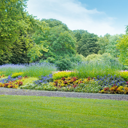 summer park with beautiful flowerbed and green lawnsの写真素材