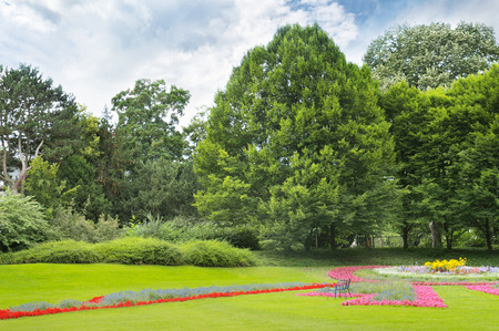 summer park with beautiful flowerbedsの写真素材