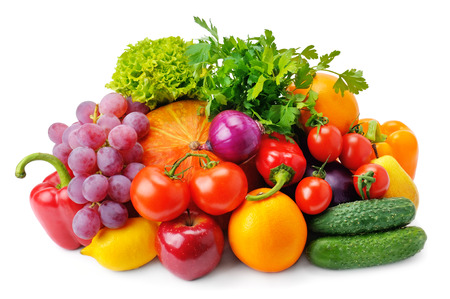 set of fruits and vegetables isolated on white backgroundの写真素材