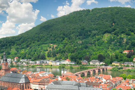 city in a mountain valley , top viewの写真素材