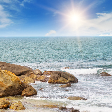 ocean, picturesque beach and blue skyの写真素材