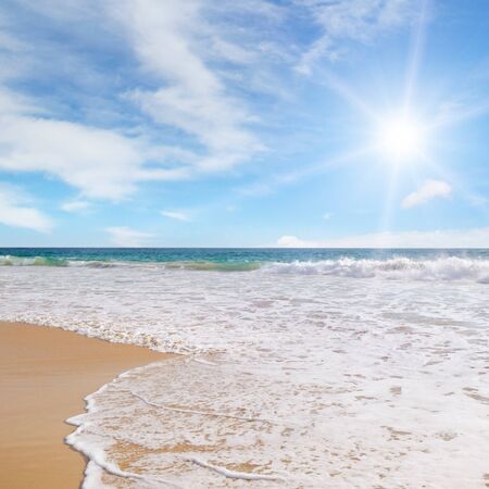 ocean, sandy beach and blue skyの写真素材